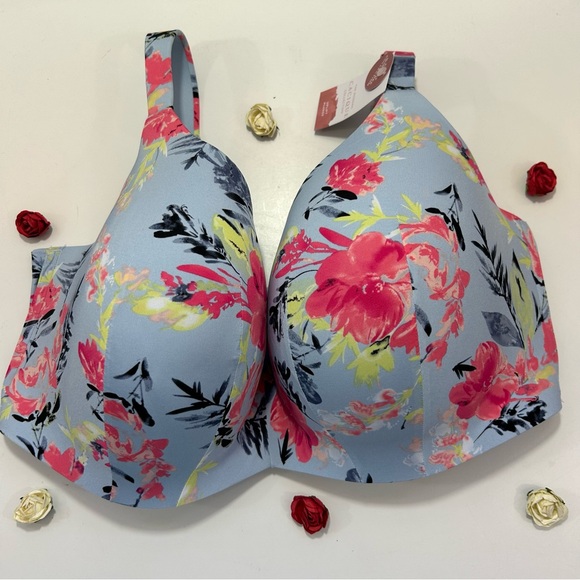 Cacique Light Blue and Pink Floral  Simply Wirefree Plunge Bra 42H - Picture 1 of 4